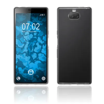 A front and back view of a transparent phone case on a white background.