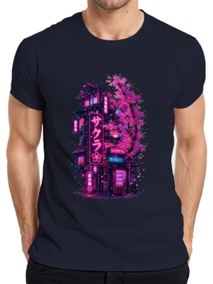Productafbeelding van Sakura Cyberpunk Tokio Neon Japan Kersenbloesem Retro Y2K Anime Heren T-shirt, Marineblauw, Maat L