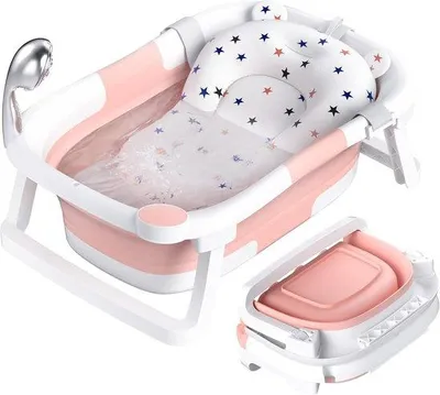 Produktbild von Famanu Babybadewanne – Faltbare Babybadewanne mit Antirutschmatte und Ablassstopfen, Rosa