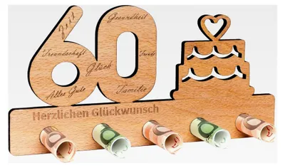 Produktbild von Geldgeschenk Holzschild mit Ständer - Gästebuch zum 60. Geburtstag - Dekoration und Geldgeschenkständer aus Holz