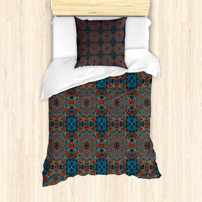 Produktbild von ABAKUHAUS Mandala Bettbezug Set, Aufwändige Spitze-chinesische Muster-Kreis-Wirbel und Punkte blühen Illustration, 135 x 200 cm + 80 x 80 cm, Blau Vermilion Schwarz