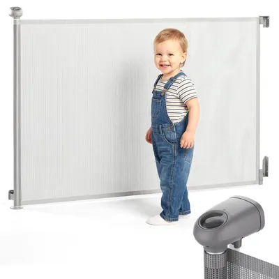 Zdjęcie produktu dla Moby System zwijana bramka zabezpieczająca dla dzieci HOMESAFE, szara, z blokadą wciskowo-obrotową, do przejść do 110 cm, norma EN1930:2011