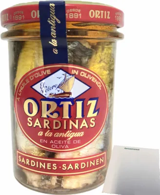 Produktbild von Conservas Ortiz Sardinas a la antiqua, Sardinen in Olivenöl (190g Glas) + usy Block