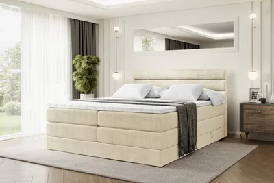 Produktbild von ALTDECOR Boxspringbett mit 2 Matratzen und Topper - 180x200 cm - CELESTIA KING - Beige Samt - Polsterbett mit, H3- und H4- Matratzen, Bettkasten und Lattenrost, Bett mit Stauraum