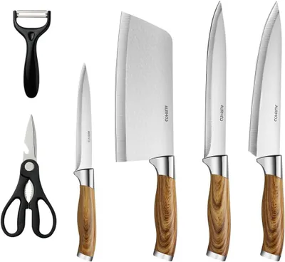 Produktbild von Küchenmesser-Set 6-teilig, Edelstahl, 20 cm Kochmesser, mit Küchenschere, zum Kochen