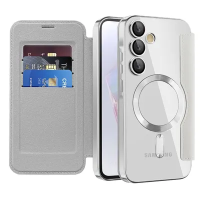 Immagine prodotto di Custodia per Samsung Galaxy A35 compatibile con MagSafe, custodia trasparente con portacarte, custodia in pelle con protezione della fotocamera Argento