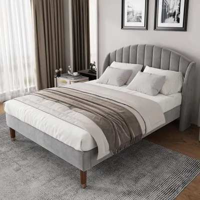 Produktbild von Polsterbett 160x200 cm mit Lattenrost und Samt Kopfteil, Jugendbett, Bettgestell für Erwachsene, Grau
