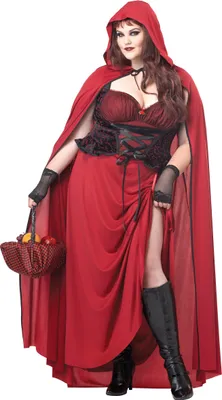 A woman wearing a Little Red Riding Hood costume.