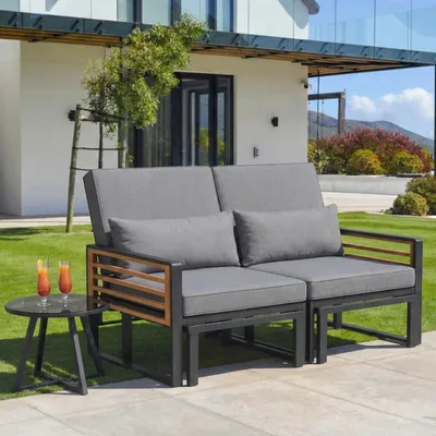 Produktbild von Merax Garten-Lounge-Set 2–4 Personen mit verstellbare Rückenlehne, Outdoor Daybed und Doppel-Liege, modular Gartenmöbel mit Kissen & Glastisch, Grau