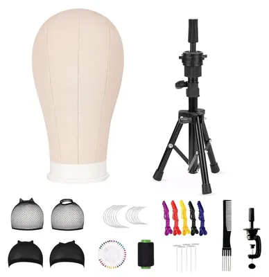 Image de Tête de perruque avec trépied et accessoires pour coiffure