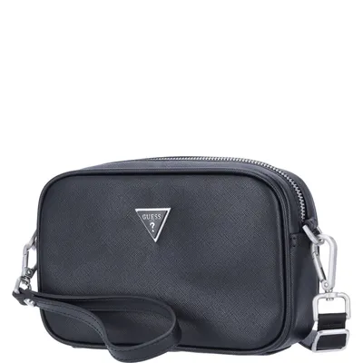 A black crossbody bag with a silver Guess logo on a white background.