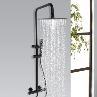 Zdjęcie produktu dla System prysznicowy ze stali nierdzewnej z baterią termostatyczną Okrągła deszczownica 20 cm Zestaw prysznicowy z regulacją wysokości 85-123 cm (czarny)