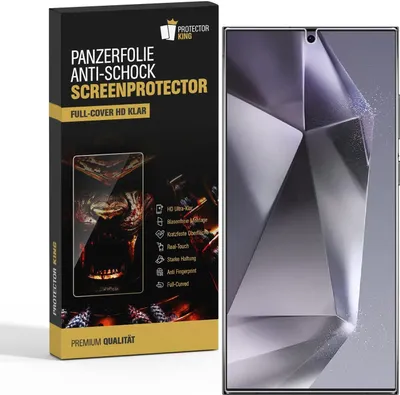 A product box for a screen protector is shown next to a smartphone with a screen protector applied.
