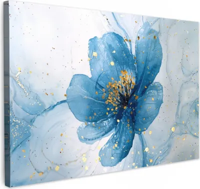 Produktbild von MuchoWow® - Leinwandbilder - Blumen - Blau - Gold - Aquarell - Modern, Wandbild, Wanddeko Bilder Wohnzimmer, 90x60 cm