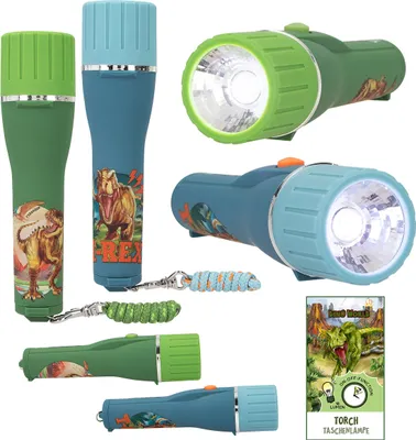 A collage of dinosaur-themed flashlights and a packaging insert.