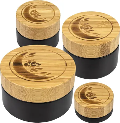 Produktbild von Glastiegel matt schwarz, Cremetiegel mit graviertem Bambusdeckel und Geschenkverpackung, Set - 4 Stück - 5 / 20 / 50 / 100 ml