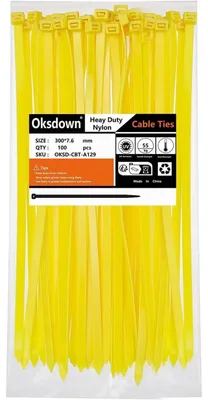 Obrázok produktu pre Káblové svorky, žlté, 300 mm x 7,6 mm, 100 kusov, odolné voči UV žiareniu, pevnosť v ťahu 50 kg, nylon
