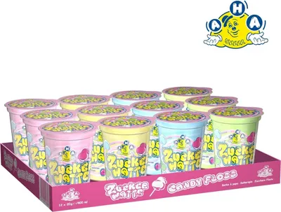 Obrázek produktu pro AHA cukrová vata ve 4 barvách, 20 g kelímků | balení po 12 kusech
