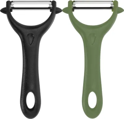 Immagine prodotto di Pelapatate universale - 2 pezzi - Pelapatate in acciaio inossidabile - Pelapatate manuale - Impugnatura ergonomica - Coltello da cucina con lama affilata - Adatto per frutta e verdura - Pelapatate in acciaio inossidabile con impugnatura in plastica - Pelamelone in acciaio inossidabile