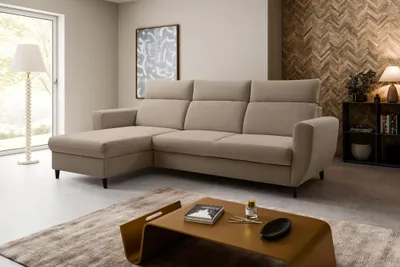 Produktbild von Ecksofa TORRO MINI (260 x 170 cm) – LINKE SEITE, moderne verstellbare Kopfstützen, Bettkasten, Schlaffunktion, ENJOY NEW 02 - Camel