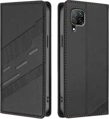 A black flip case for a smartphone, shown from the front and back.