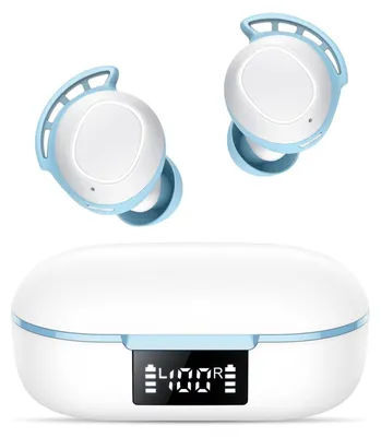 Produktbild von Bluetooth 5.3 In-Ear Kopfhörer kabellos mit Ladecase – bis zu 60 Std. Akkulaufzeit, LED-Akkuanzeige, HiFi Sound, ergonomische Sport-Ohrhörer Weiß/Blau