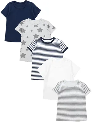 Produktbild von TupTam Baby Jungen Kurzarm T-Shirt mit Aufdruck Unifarben Sterne Streifen 5er Set, Farbe: Blau_Weiß_Sterne_Streifen , Größe: 62
