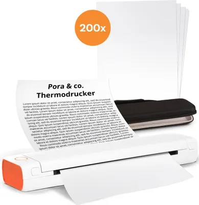 Produktbild von Pora&Co - Thermodrucker - Tragbarer Drucker A4 - Tragbarer Drucker A4 - inkl 200 Blatt + Tragetasche – Drucken mit Telefon oder Computer – Weiß/Orange