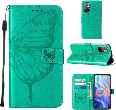 Produktbild von Xiaomi Poco M4 Pro 5G Hülle, Schmetterling Prägung Flip Leder Kartenfächer Schutzhülle Ledertasche mit Ständer für Xiaomi Poco M4 Pro 5G Grün