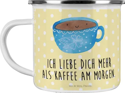 Produktbild von Mr. & Mrs. Panda Emaille Tasse Kaffee Tasse - Gelb Pastell - Geschenk, Liebe, Pott, Glücklich, Blechtasse, Geschmack, Lustige Sprüche, Genuss, Kaffeepott, Teetasse