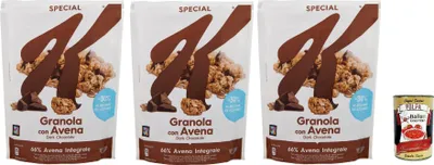 Produktbild von Special K, Crunchy Oat Granola Dark Chocolate Curls (3 x 320 g) – ballaststoffreiches Knusper Müsli mit dunklen Schokoraspeln – mit 30% weniger Zucker + Italian Gourmet polpa 400g