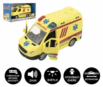 Produktbild von Plastik-Krankenwagen, 20 cm, mit Schwungrad, batteriebetrieben, mit Sound und Licht, in einer Verpackung von 26 x 15 x 12 cm