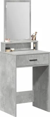 A concrete-effect vanity table with a mirror and shelf.