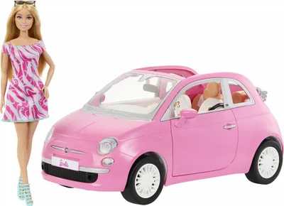 A Barbie doll and her pink convertible car.