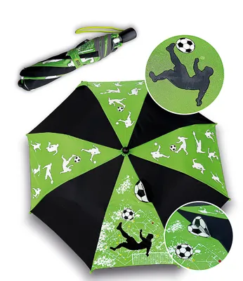 Produktbild von HECKBO Kinder Regenschirm Fussball für Jungen und Mädchen – Farbwechsel bei Regen – Taschenschirm - passt in jeden Schulranzen – Sturmfest - Holzgrif