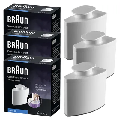 A product shot featuring multiple boxes of Braun CareStyle Compact anti-limescale filters and three individual filters.
