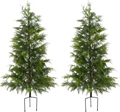 Produktbild von Künstliche Zimmertannen - Topiary-Bonsai im Topf - 2er-Set - 4XL - LED-Beleuchtung - Für draußen - PE-Material - Milchweiß