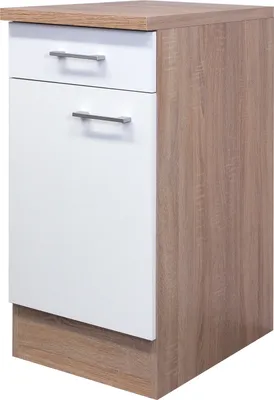 A standalone kitchen cabinet with two drawers and a wooden top.
