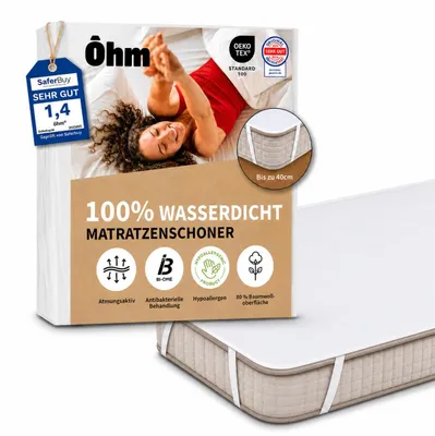 Produktbild von Ôhm Matratzenschoner 120x190 cm wasserdicht, atmungsaktive Baumwoll-Auflage, Schutz für Allergiker, Inkontinenz und Kinder, Anti-Milben, Elastikbänder bis 40 cm,  – Größe 120 x 190 cm (Dubbel)