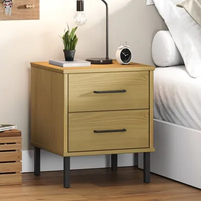 Image de vidaXL Table de nuit OSLO avec pieds métalliques Pin massif brun