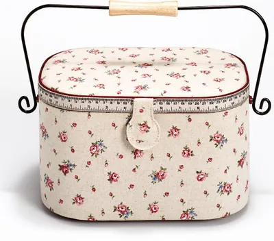 Image de Mallette de couture rembourrée taille. L ovale vintage avec motif "Country rose" (beige, rose)