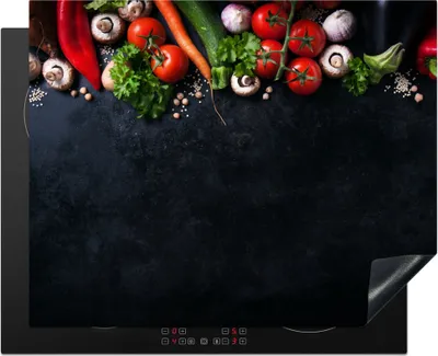 Produktbild von KitchenYeah© Herdabdeckplatte Gemüse - Kräuter - Gewürze - Schwarz - Rustikal - Küche , 65x52cm, Küche Deko, Glaskeramikkochfeld Herdabdeckung, Abdeckplatte fùr Kochfeld
