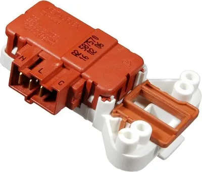 A close-up studio shot of a washing machine door lock mechanism.