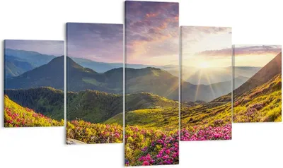 Produktbild von Bild auf Leinwand - Leinwandbild - Gebirge Wiese Landschaft Wald - 125x70cm - Wand Bild - Wanddeko - Leinwanddruck - Bilder - Kunstdruck - Wanddekoration - Leinwand bilder - Wandkunst - EA125x70-3152