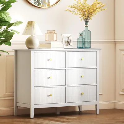 Produktbild von Kommode 6 Schubladen Sideboard Schlafzimmer, Schubladenschrank, MDF Spanplatte, Weiß | 100 x 40 x 78 cm | 19,4 kg | Kippschutz Mittelbein