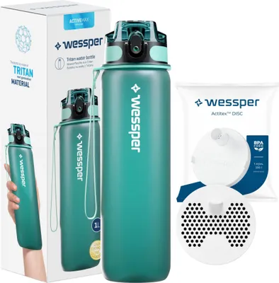 Produktbild von Wessper Activemax Triline 1l Wasserflasche + Wessper Actitex Disc Filterpatrone | Flasche in Minze, komplett mit Wasserfilterpatrone
