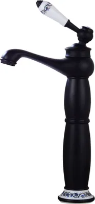 A black faucet with a decorative ceramic handle and base, isolated on a white background.