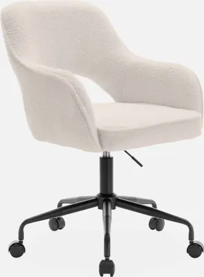 A white bouclé office chair with a black base and wheels is shown against a white background.
