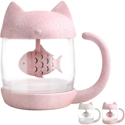 Productafbeelding van Thee glas met visvormige theefilter, 250 ml, roze