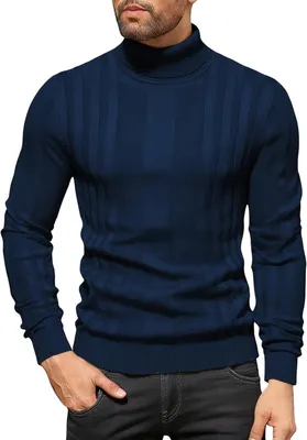 Immagine prodotto di Maglione da uomo, collo alto, lavorazione a coste, caldo, vestibilità aderente, elasticizzato, blu scuro, taglia L